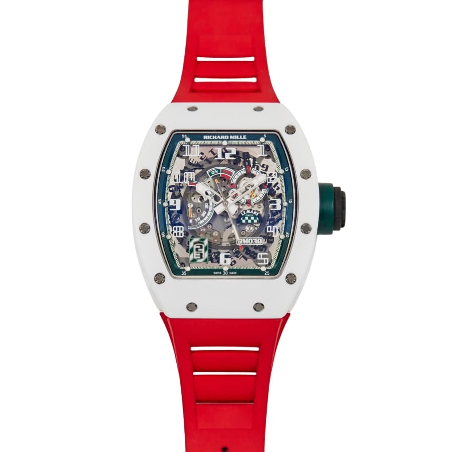 Richard Mille RM 030 Le Mans Classic in white ceramic with red rubber strap and green crown