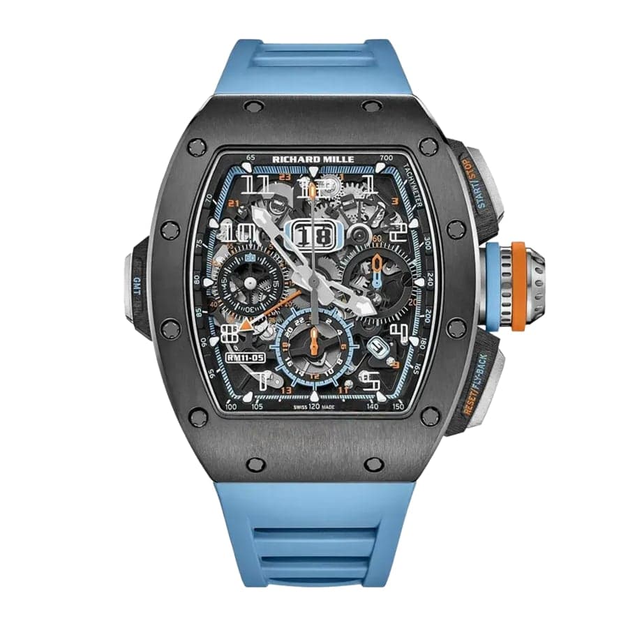 Richard Mille RM 11-05 Automatic Flyback Chronograph GMT with skeletonized dial and light-blue rubber strap