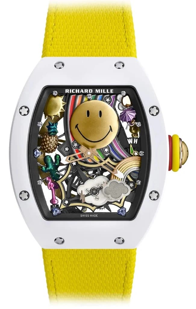 Richard Mille RM 88-01 Automatic Tourbillon Smiley in white ceramic with gold smiley, rainbow and cloud charms on yellow strap