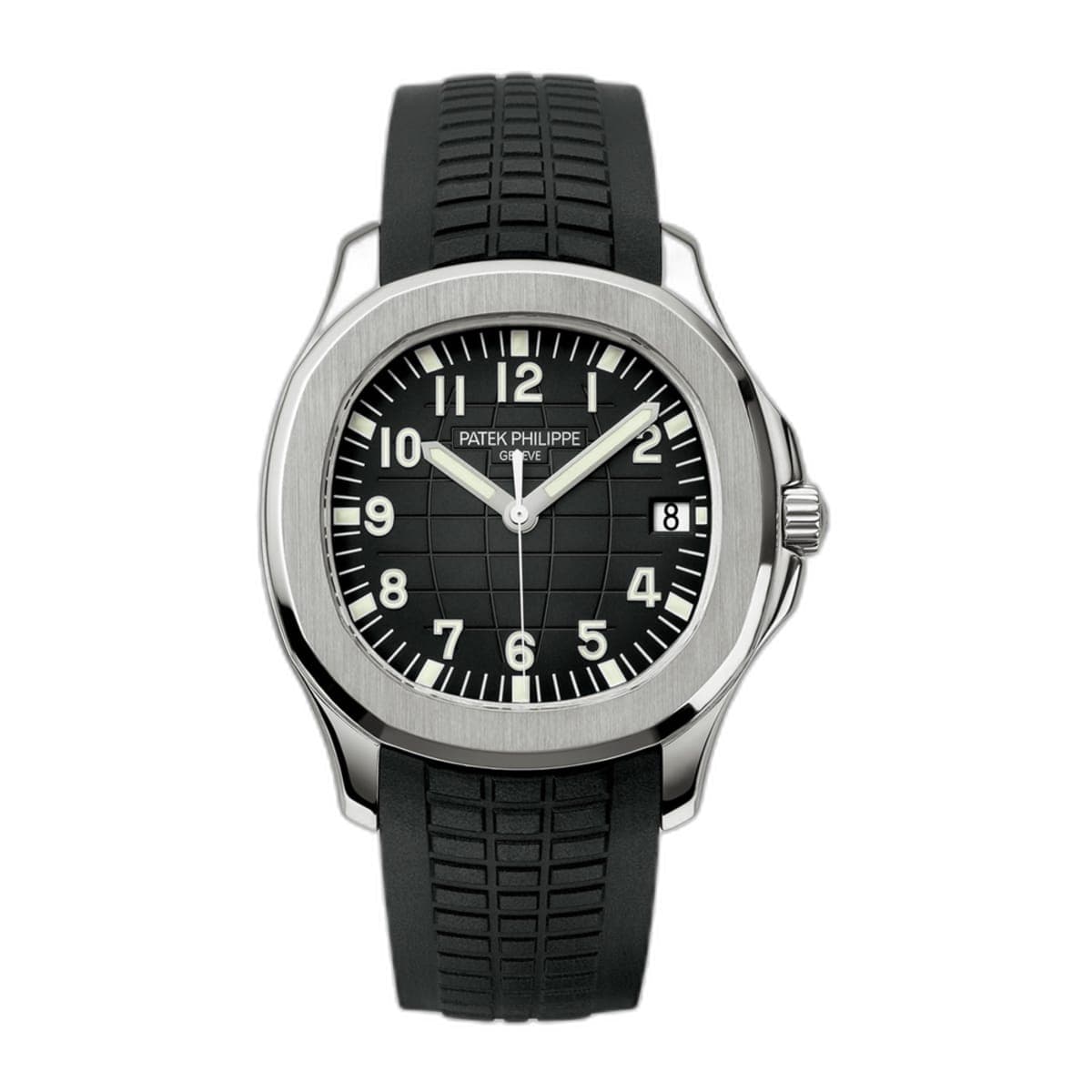Patek Philippe Aquanaut in steel with black embossed dial and black composite strap