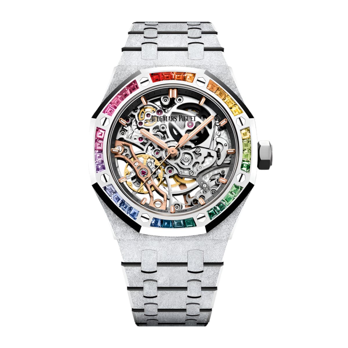 Audemars Piguet Royal Oak openworked in frosted white gold with rainbow gem-set bezel