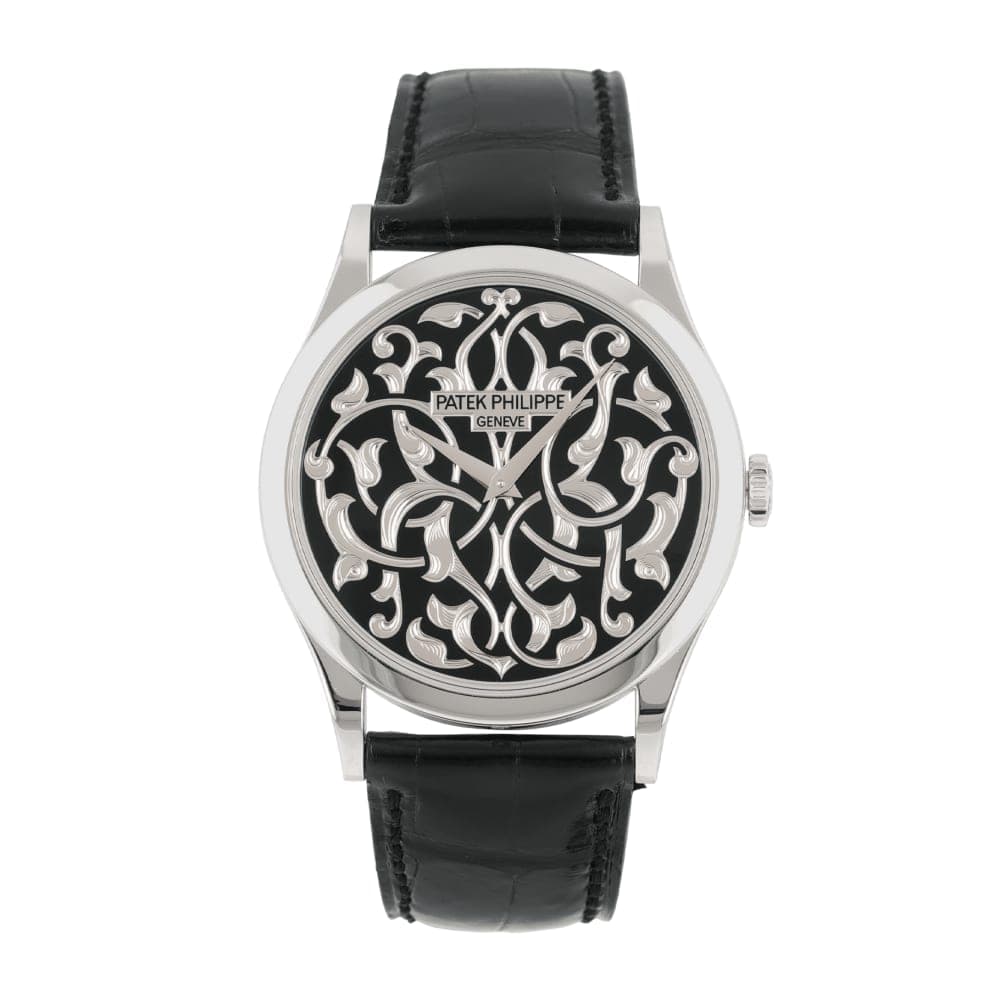 Patek Philippe Calatrava with hand-engraved arabesque dial in platinum