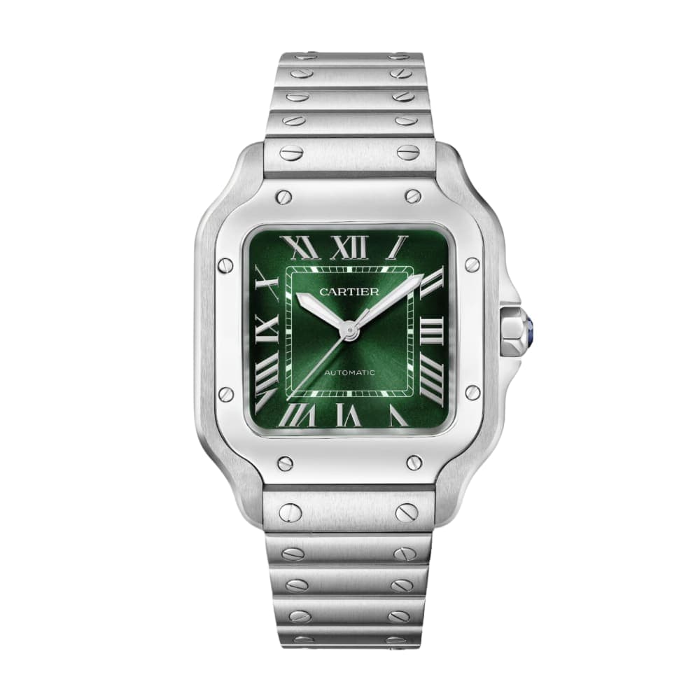 Cartier Santos de Cartier in steel with green sunray dial and integrated bracelet