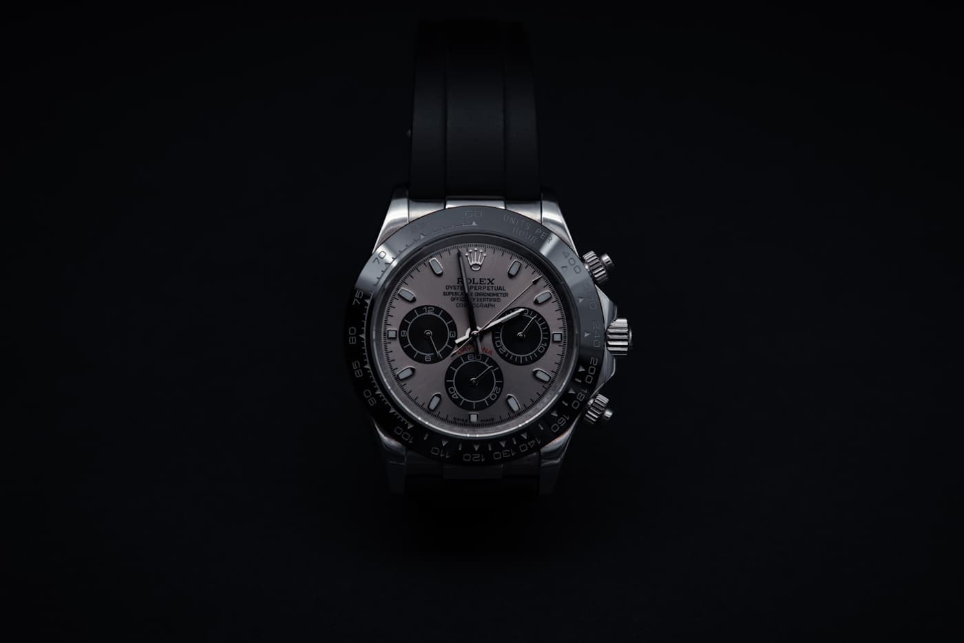 Rolex Cosmograph Daytona with black ceramic bezel and grey dial on Oysterflex bracelet