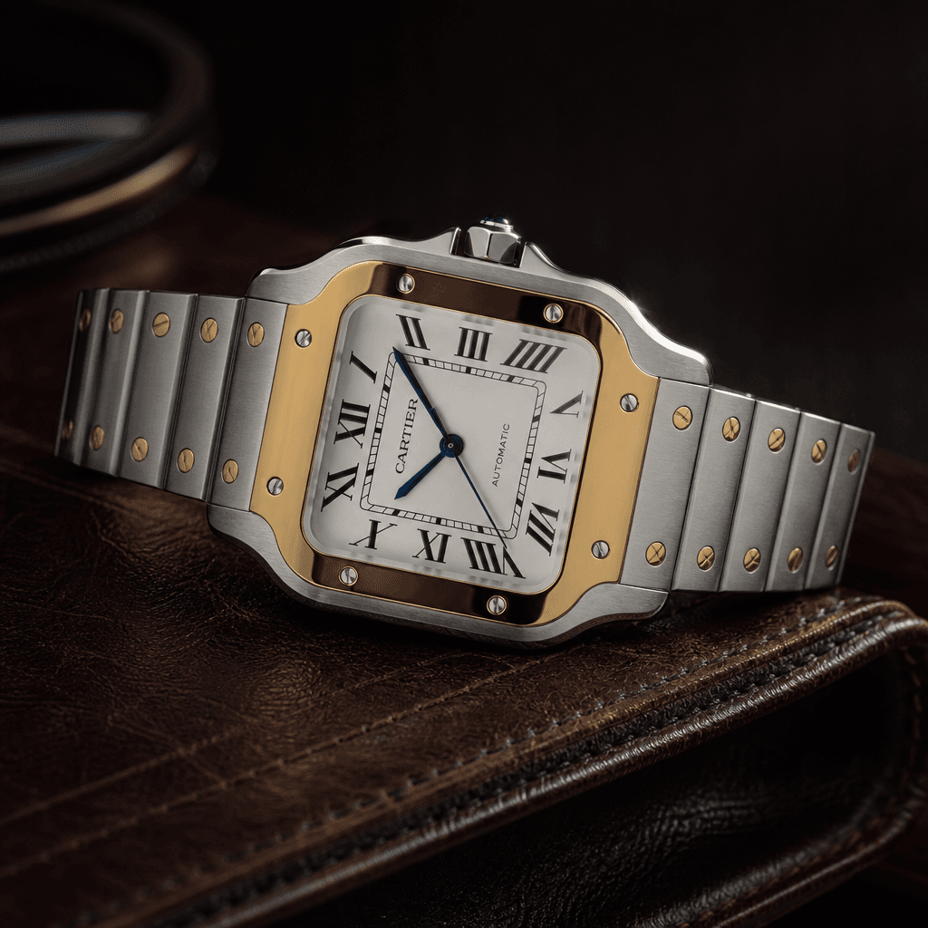 Santos de Cartier in steel and yellow gold with white Roman numeral dial