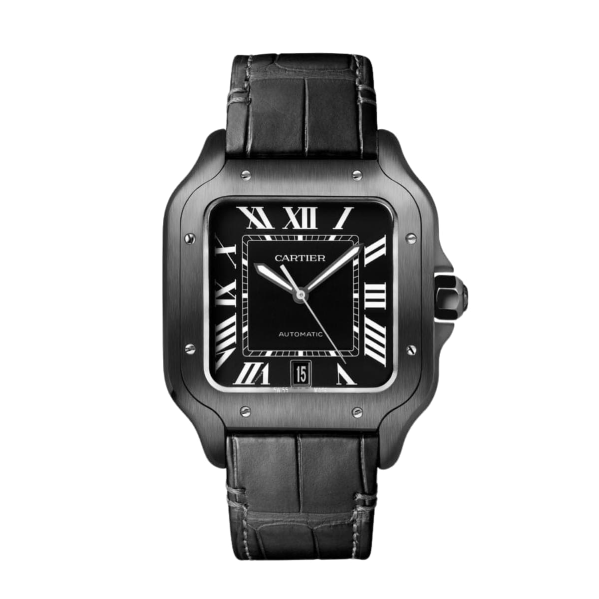 Cartier Santos de Cartier ADLC with black dial, exposed-screw bezel and black alligator strap